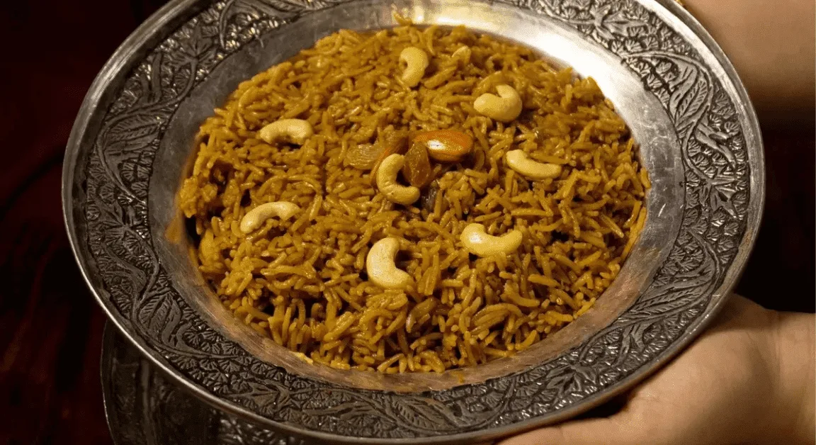 Kashmiri Saffron Modur Pulav: Sweet Rice with Dry Fruits & Ghee